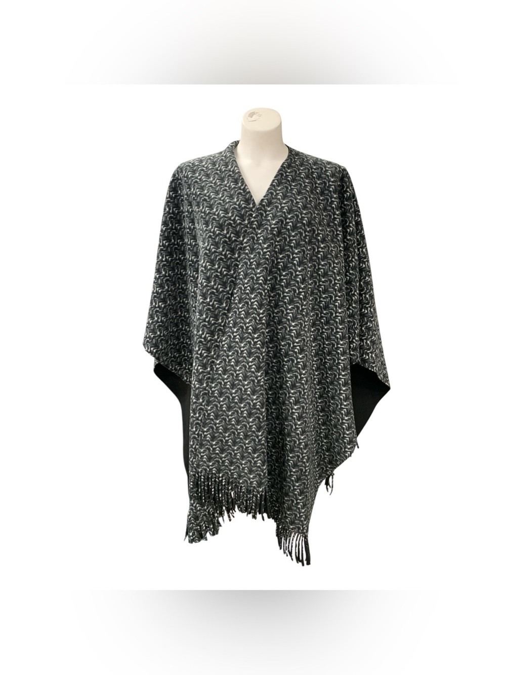 Marina Luna Black & Gray Woven Fringe Poncho - Elegant Layering Size O/S